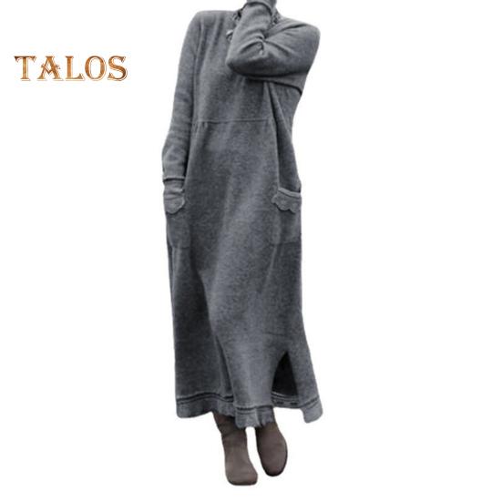 

Женское платье осень-весна с карманами, свободные длинные рукава, разрез по низу, чистый цвет, большие размеры, трикотажная кружевная отделка, повседневное платье макси XL