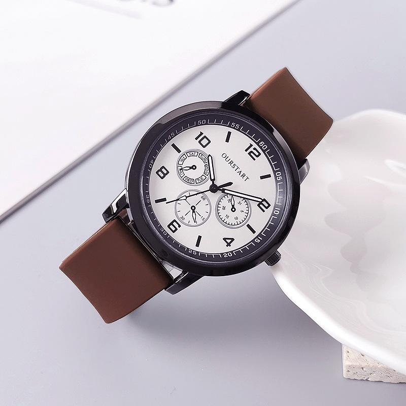 

Casual Round Pointer Quartz Watch Three Time Zone Analog Wristwatch Silicone Strap for Men Clock Gifts Relogio Masculino коричневый