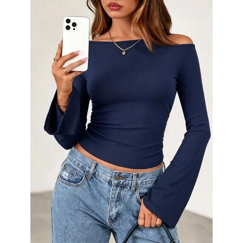 Top da Donna Girocollo Corto Maniche a Svaso Y2k Aderente Versatile Casual Manica Lunga