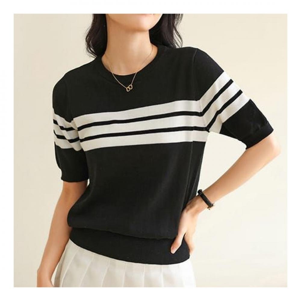 Navava Women Line Point Round Neck Short Sleeve Knit Nk2007