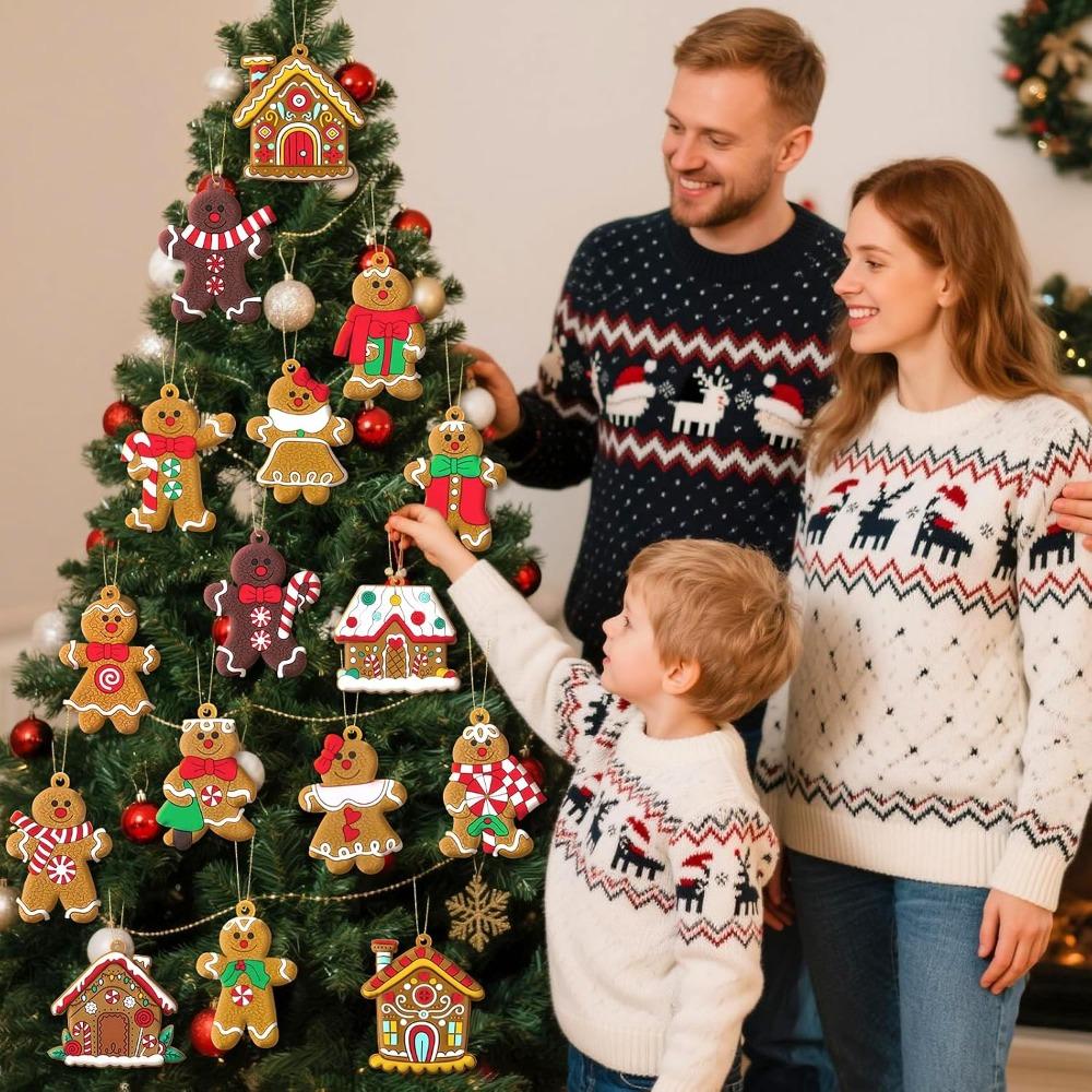 Christmas Tree Hanging Decorations Gingerbread Man Ornaments with Gingerbread House Pendants Home Party Christmas Decor 16PCS