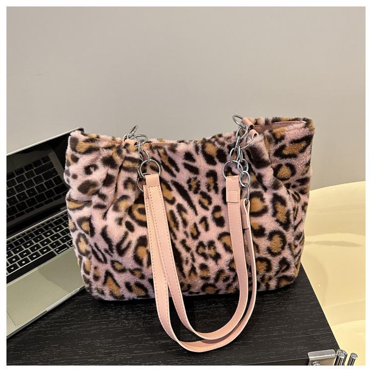 Women's Shoulder Bag Simple Large Capacity Bag Fashi Leopard Print Plush Tote Bags Atmosphere Plush Shoulder Bags Women's Bag