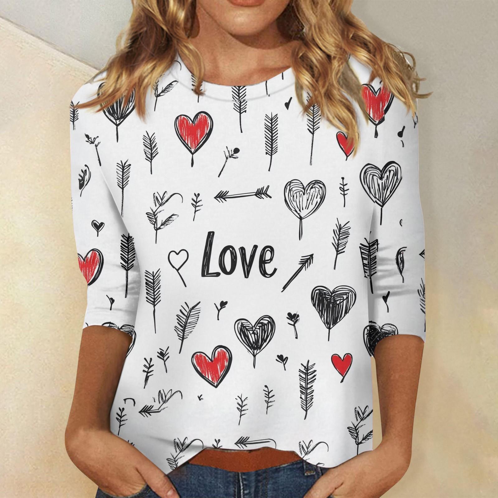 

Женские топы с рукавом три четверти, рубашка на День святого Валентина, круглая горловина, свободная повседневная рубашка XXL