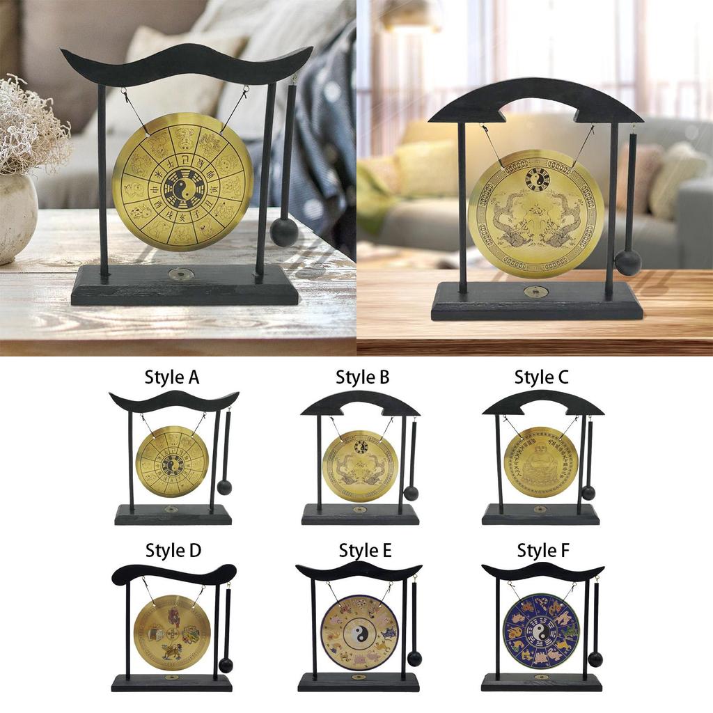 Gong Ornament Mini Wind Chimes Feng Shui Brass Gong Desktop Mini Chinese Gong with Stand for Tabletop Office Home Art Decor