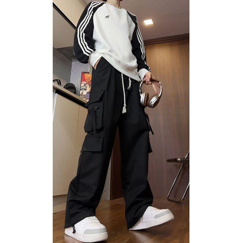 Tall Men's Extra-Long Pants, Autumn American-Style Paratrooper Cargo Pants, Men's Fleece-Lined Straight-Leg Casual Pants for Teenagers