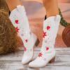 Damen-Stiefel mit mittlerem Absatz, bestickt, dicker Absatz, Leder-Cowboy-Stiefel, mittelhoch, Hundestiefel für Damen, mittelhoch