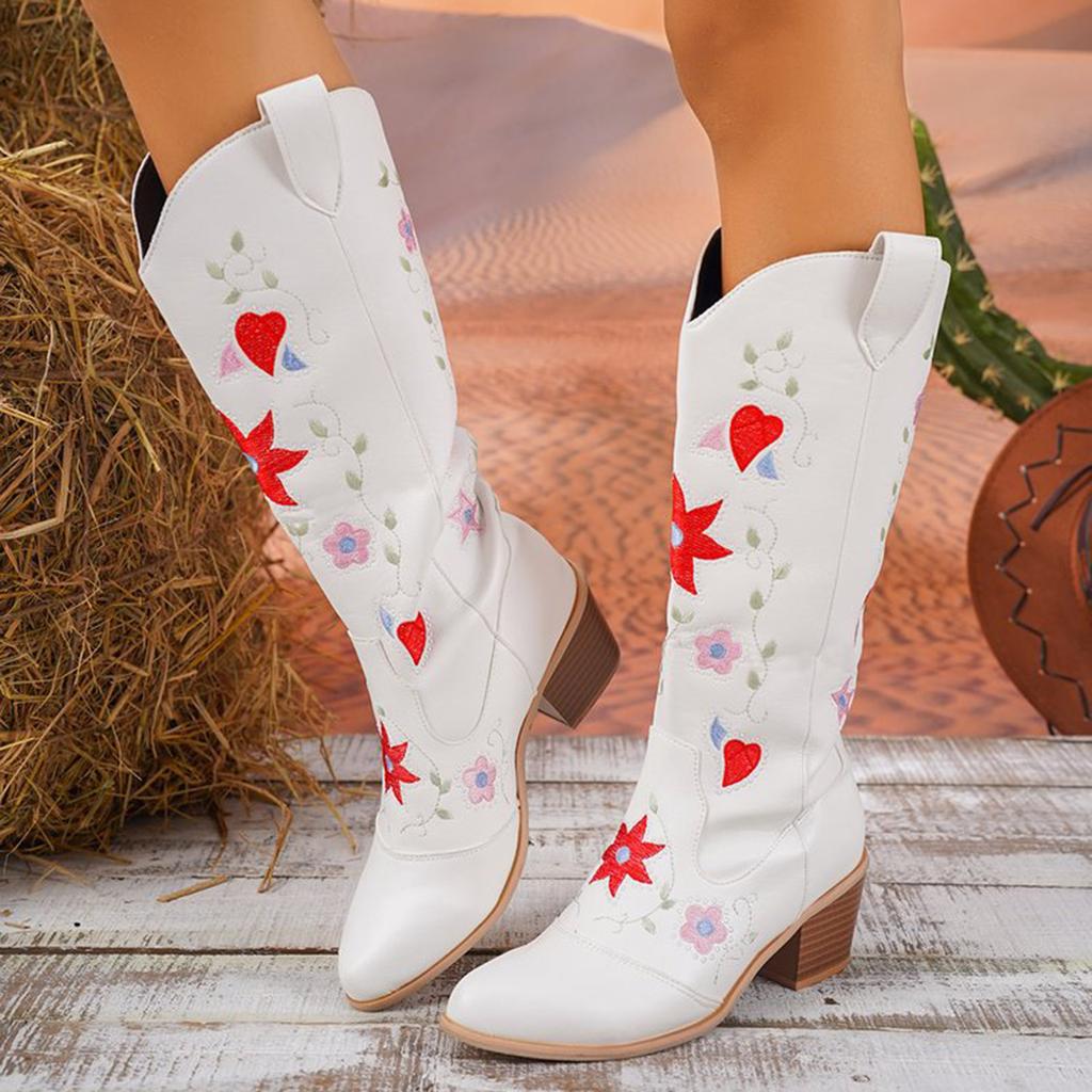 Damen-Stiefel mit mittlerem Absatz, bestickt, dicker Absatz, Leder-Cowboy-Stiefel, mittelhoch, Hundestiefel für Damen, mittelhoch