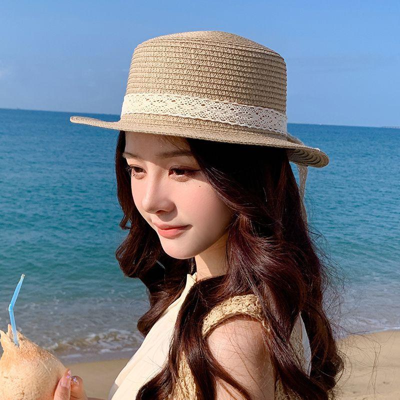 Flat Top Hat Female Internet Celebrity Crochet Top Hat Summer Big Brim Visor Hat Seaside Vacation Woven Bucket Hat