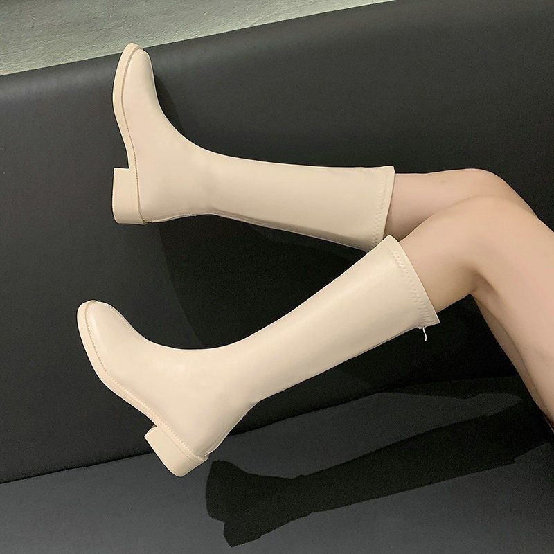 But knee boots thin boots flat elastic boots Internet celebrity square head high boots women 2025 autumn and winter new