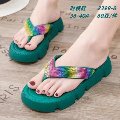 Farbige Strass-Zehensteg-Sandalen Damen 2025 Sommerkleidung Muffin-Boden Zehen Damen Schuhe flache coole Hausschuhe Strandschuhe