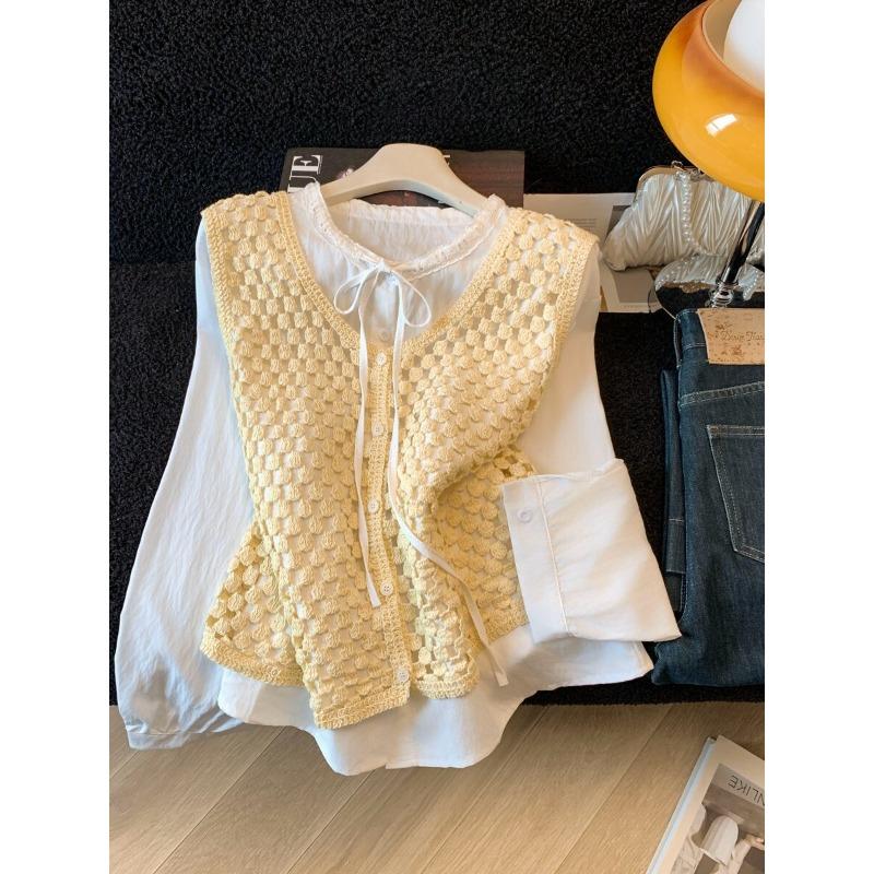 

Blue Hollow Knitted Chain Vest Flared Sleeve Shirt Women s Morning Spring Reducing Top S