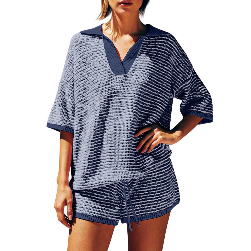 Women's Two-piece Set With Mid Sleeve V-neck Striped Knit Top, High Waisted Shorts, Casual Suit