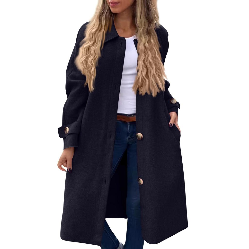 Women's Casual Fashion Solid Color Coat Lapel Long Sleeved Suit Collar Button Down Woolen Jacket