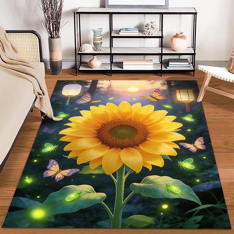 Sunflower Carpet with Butterflies and Fireflies, Glow Effect, Night Scene Suitable for use as an anti-slip for living room bedroom sofas