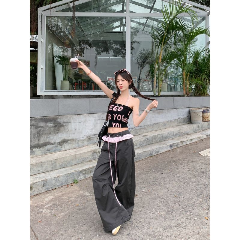 Kumikumi American Style Gyaru Letters Print Halter Top Sling Women clothes Summer Slimming Casual Pants Two-piece Set