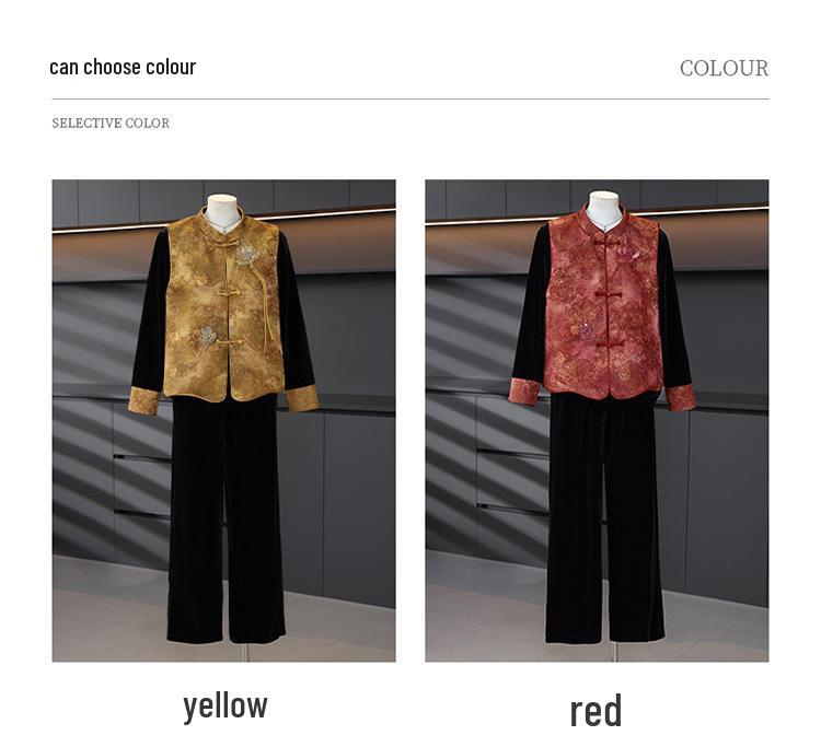 2026 Elegant Chinese Style Velvet Vest Set with Embroidery & Frog Buttons - Slimming, Age-Reducing Three-Piece Mother's Wear