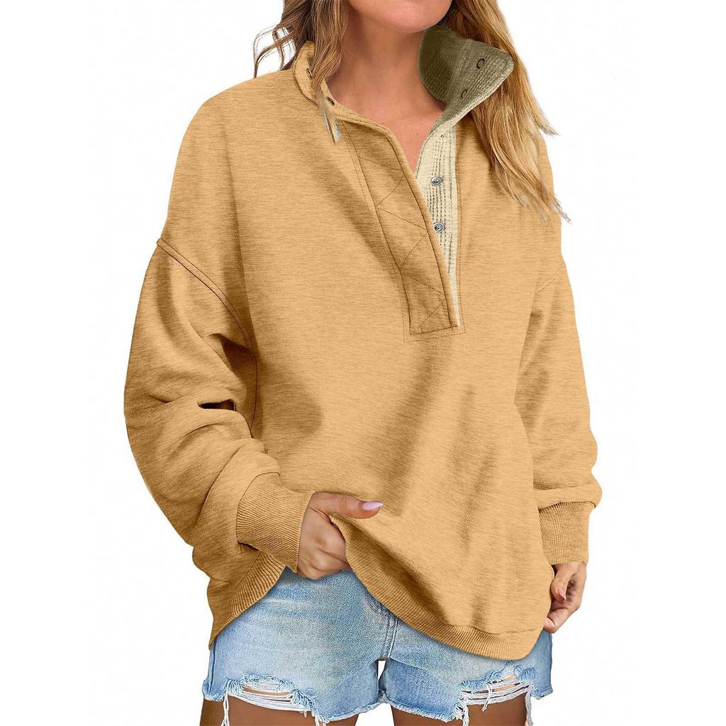 Women's Fashion Long Sleeve Solid Color Pullover Sweatshirt Casual Loose Button Sweatshirt