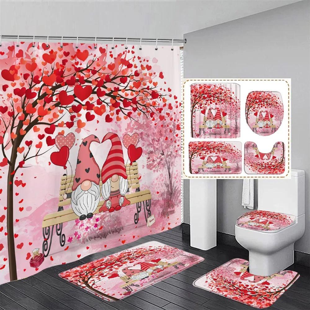 Valentine'S Day Shower Curtain Set Red Heart Shaped Rose Flowers Lovers Gift Home Bathroom Decoration Bath Mats Toilet Lid Cover