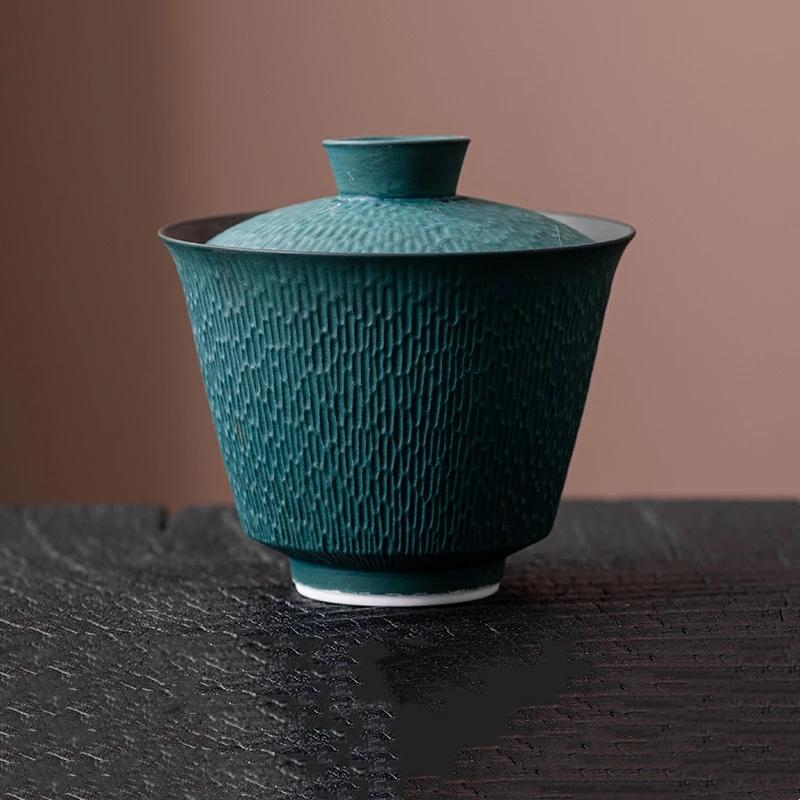 Jumping Knife Pattern Porcelain Gaiwan Set For Tea Tureen Teaware Cup Chinese Green Tea Bowls Chawan Tea Ceremony Lily Deng