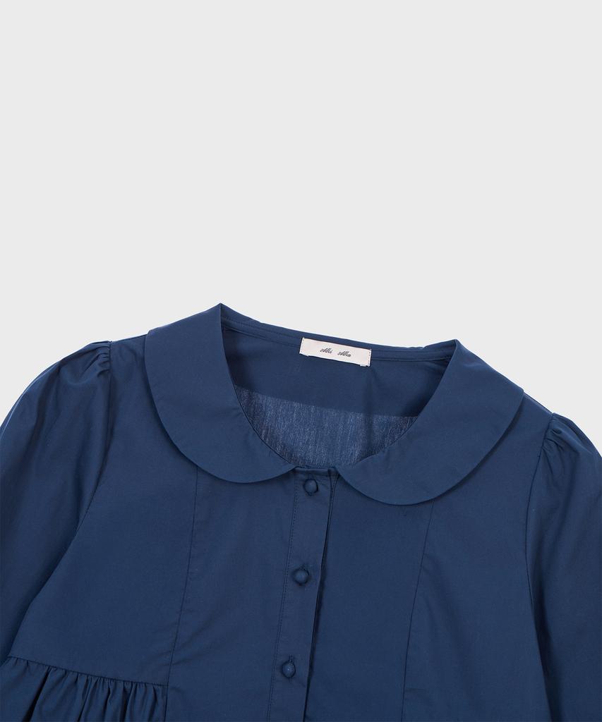 Alkialka Round Collar Shirring Blouse (Navy)