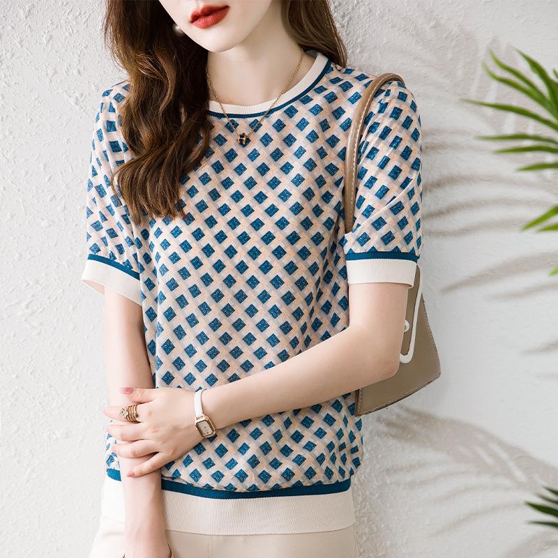 

Summer silk t-shirt women s short-sleeved% mulberry silk top loose large-size printing round neck medium mother outfit M