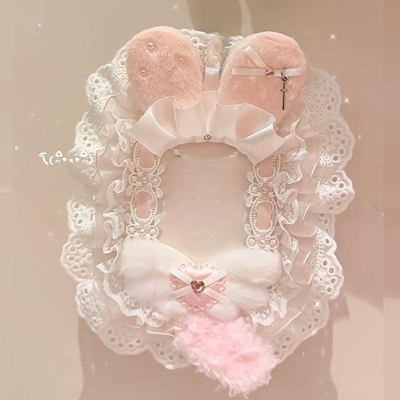 Charming Handmade Plush Rabbit Ears & Pink Lace Photo Card Holder - Canvas, Perfect for Daily Office Use
