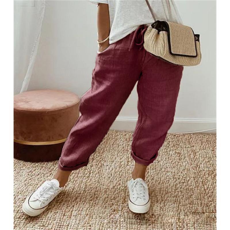 IHUASU Ladies Cotton Linen Pocket Elastic Casual Pants for Women