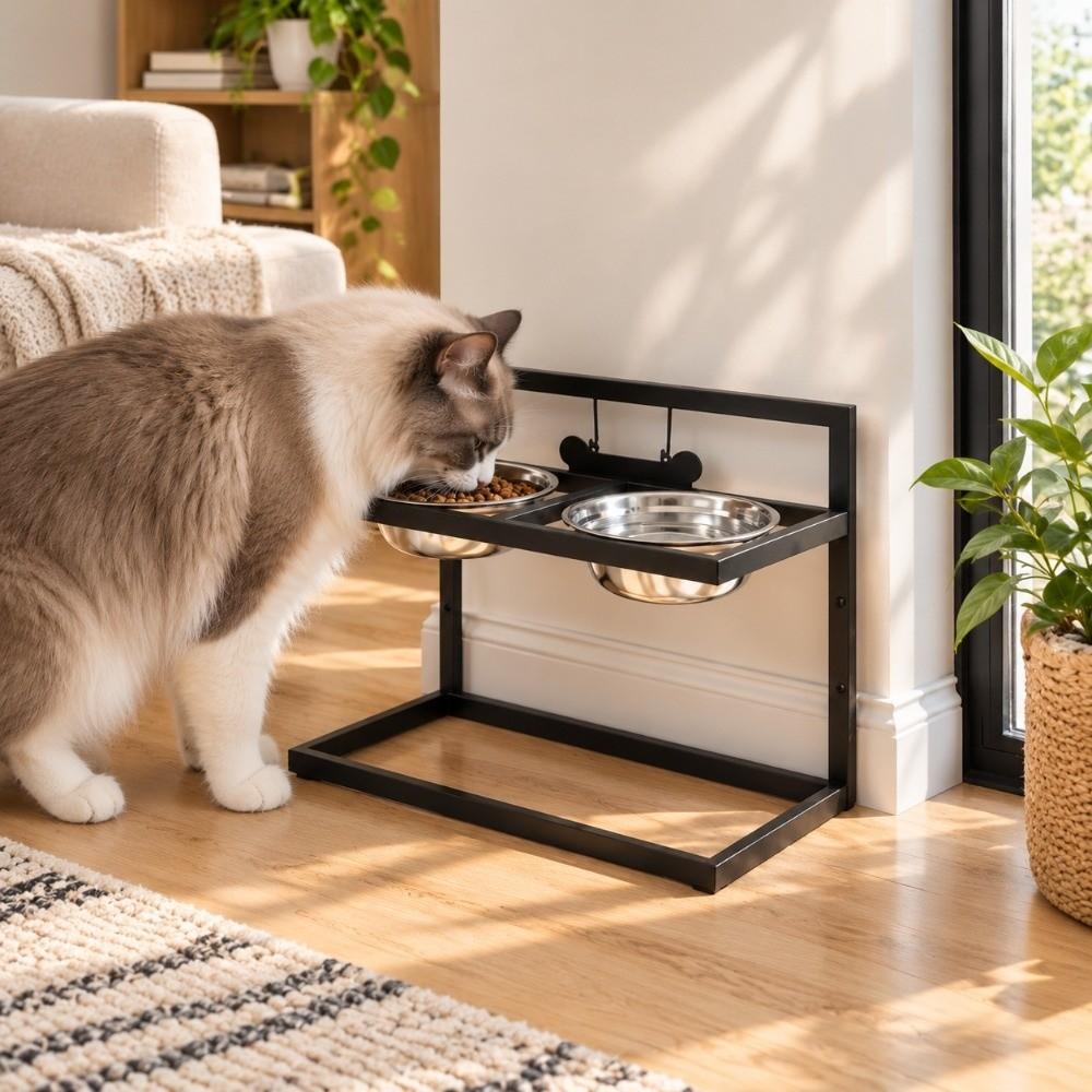 Iron Frame Elevated Dog Bowl Double Bowls Cat Bowl Stand Pet Feeder Raised Cat Bowl Holder Indoor