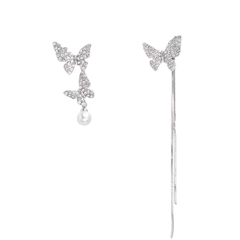 New Super Fairy Pearl Butterfly Earrings Women's Silver Needle Asymmetrical Long Fringed Earrings Earrings