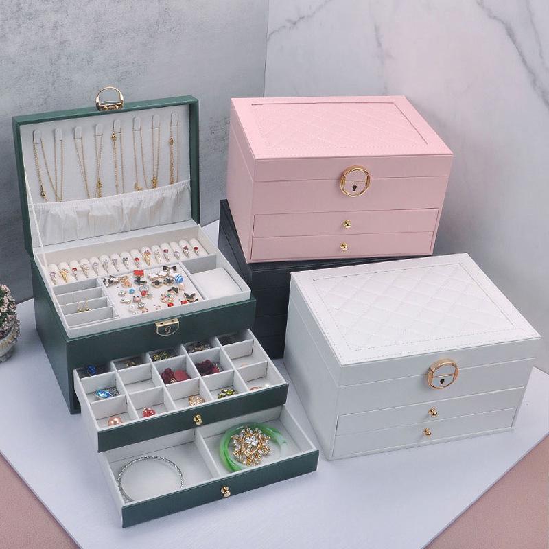 Three-Layer Leather Jewelry Box with Lock for Rings, Bracelets, and Earrings