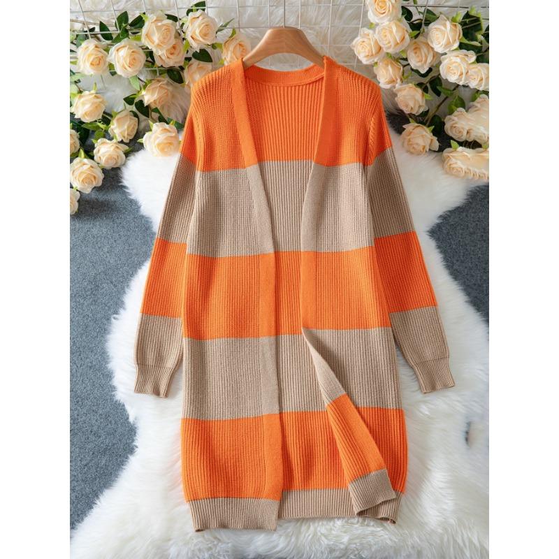 Neuer Herbst- und Winter-Strickcardigan für Damen mit kontrastfarbigen Streifen, lässig, mittellang, schulterfrei