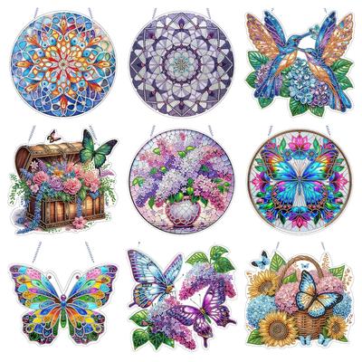 Fleur Bricolage 2D Plat Acrylique Suspendu Kits d'Art Diamant Double Face Diamant 24cm Pendentif Art Diamant pour Adultes Décoration Murale Fenêtre