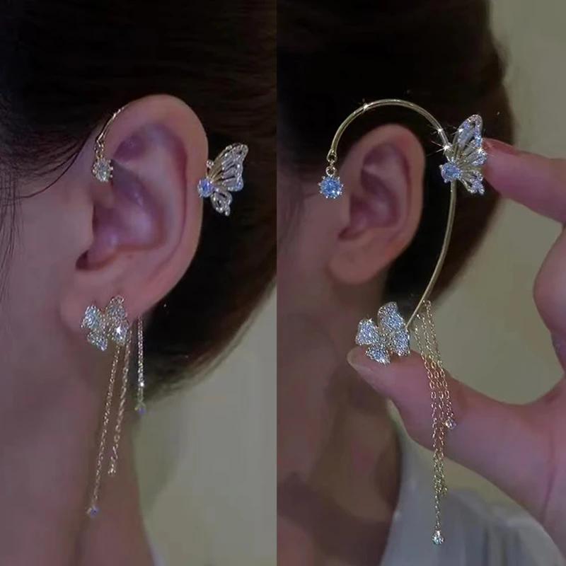Korean Sparkling Zircon Flower Butterfly Ear Cuff Without Piercing Tassel Clip Earrings for Women Simple Ear Clip Fine