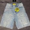 RogueWave Retro Letter Denim Shorts Y2K Mens Harajuku Hip Hop Letter Embroidery Retro Blue Baggy Shorts Over The Knee Pants Casual Shorts
