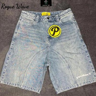RogueWave Retro Letter Denim Shorts Y2K Mens Harajuku Hip Hop Letter Embroidery Retro Blue Baggy Shorts Over The Knee Pants Casual Shorts