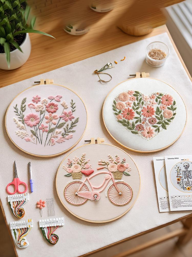 3er Pack Blumenpflanze DIY Stickstich-Übungsset mit Stickrahmen 30x30cm für Anfänger Erwachsene Handwerksliebhaber Geschenk