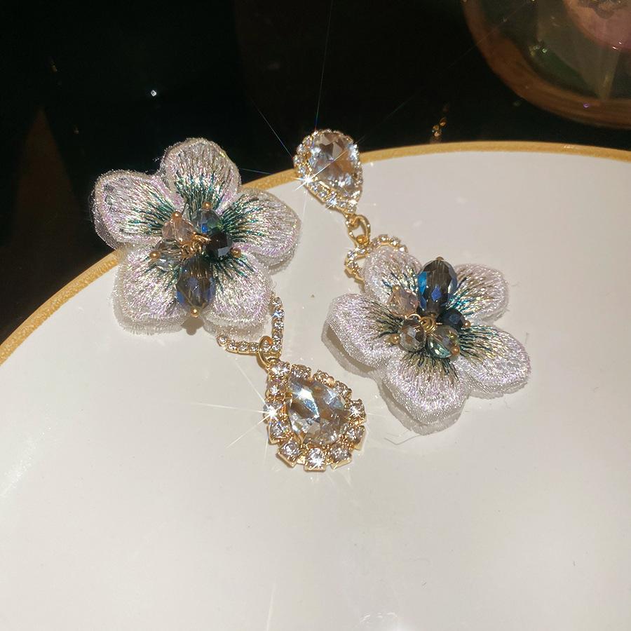 Silver Needle Fabric Flower Glass Fringed Earrings Medium Antique Temperament Stud Earrings Design Sense Niche Earrings