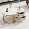 Rounded Edge Coffee Table with 2 Drawers Strong Load-bearing Spacious Desktop High-Gloss Marble Pattern Tea Table Living Room