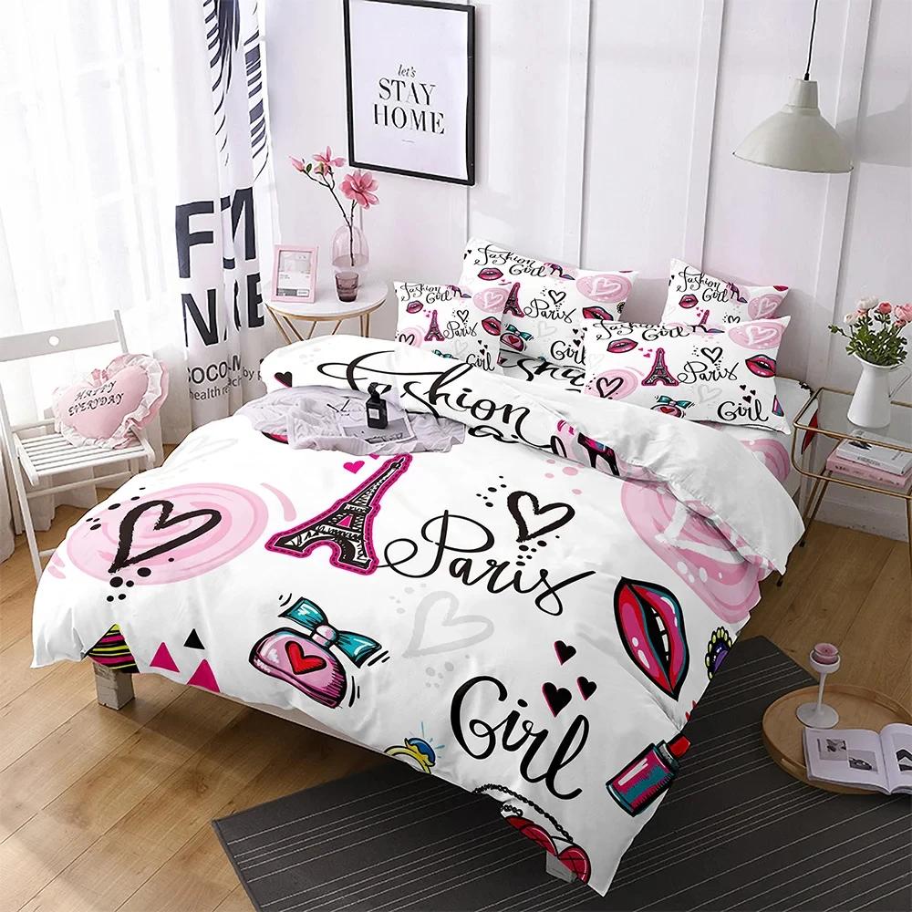 Red Lips Soft Duvet Cover Set Love Beding Sexy Theme Polyester Comfortable Quilt Cover Set for Adult People Couple Ziper Ties King Quen Sized