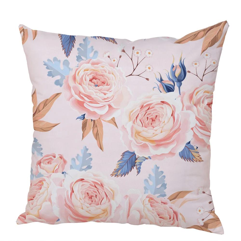 Nordic Style Rose Flower and Birds Pillow Case Cushion Cover for Car Peach Skin Decor Flower Plant Animal Throw Pillowcase