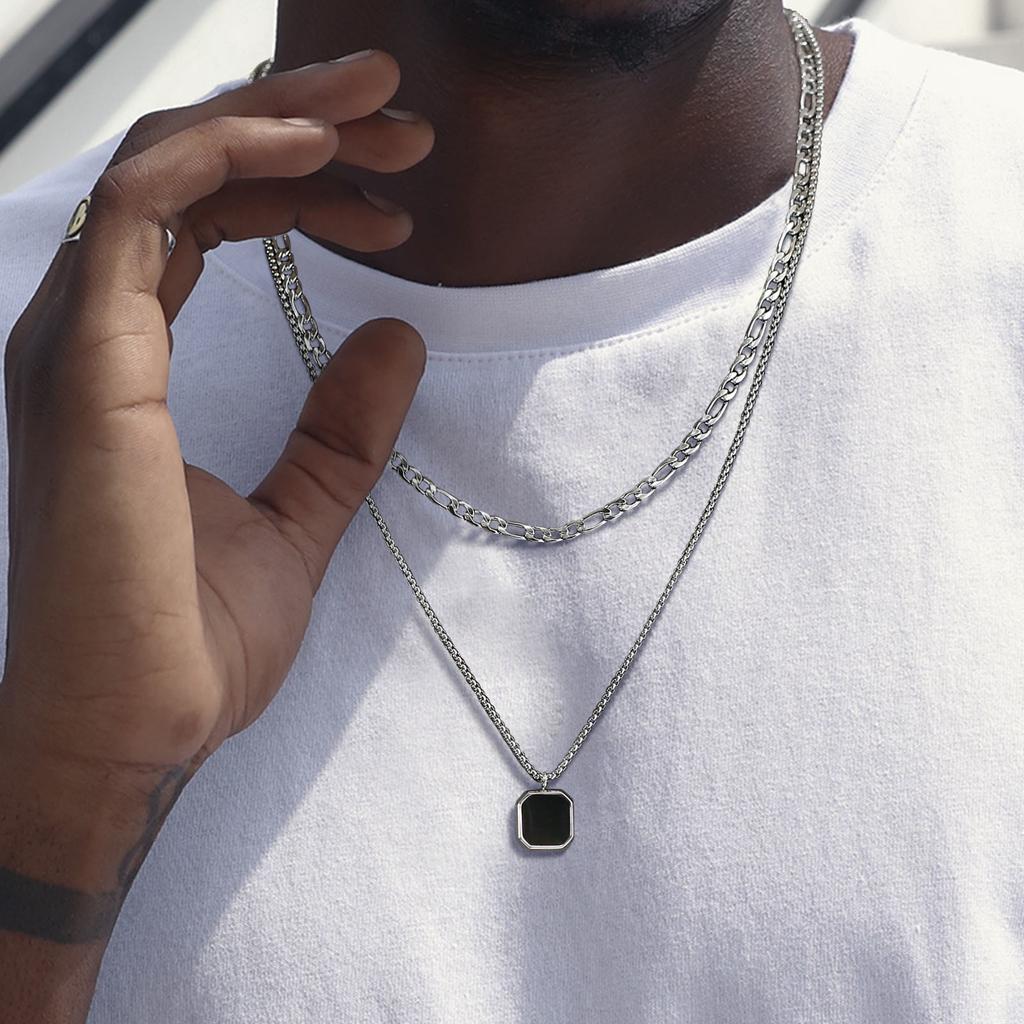 Vnox Stylish Mens Geometric Necklace with Black Enamel, Stainless Steel Metal Double Layered Chain Collar, Unique Gifts for Men