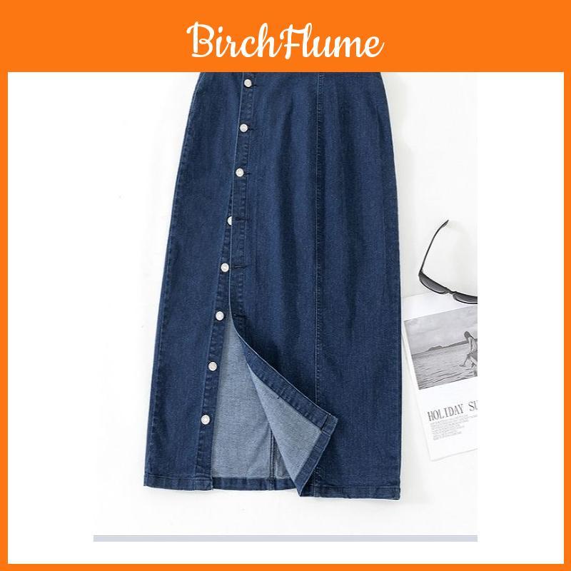 Denim Midi Skirt With High Waist And Stretchable Cotton Fabric For Casual Women