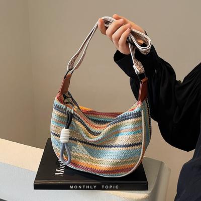 Rainbow Weaving Wide Inclined Shoulder Strap Single Shoulder Bag  New Fashion Hand-stitched Fabric Single Shoulder Bag