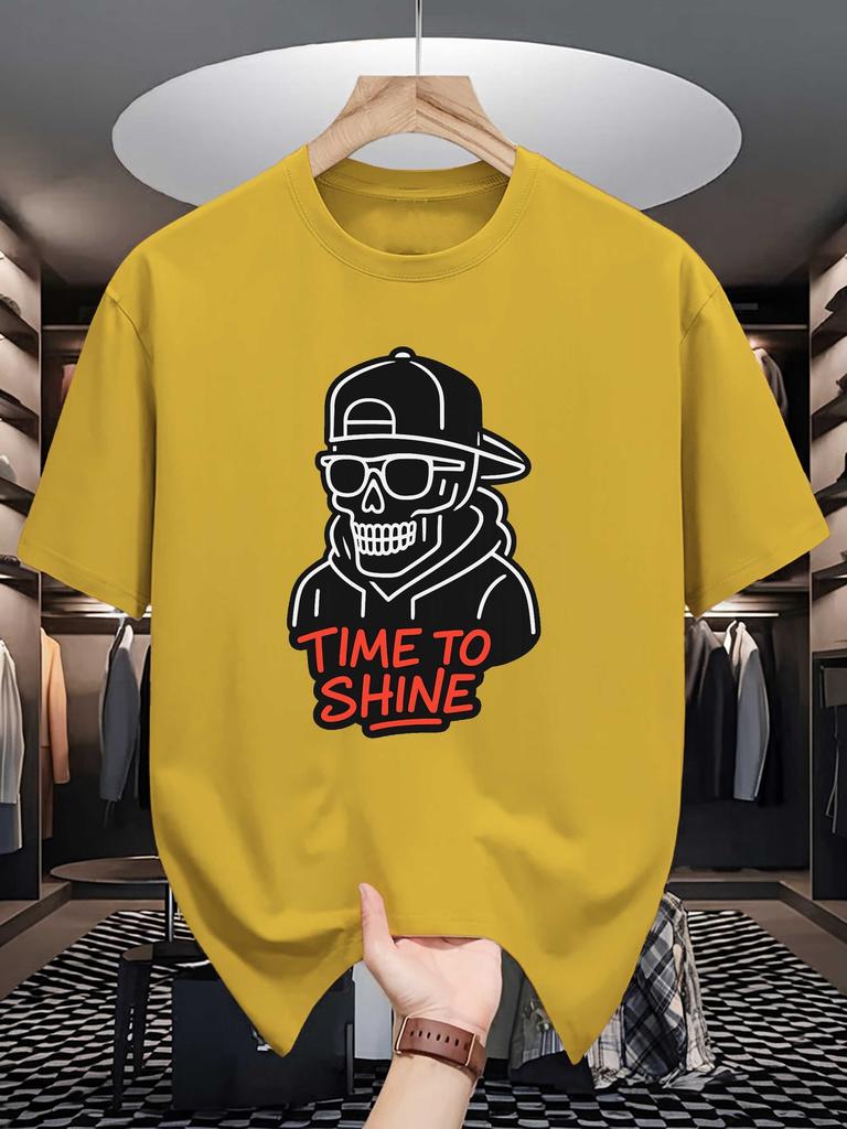 Hipster Skull Time To Shine Graphic Unisexs Crew Neck T Shirt Cool Street Slogan Print Short Sleeve Casual Cotton Summer Tops