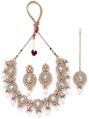 Traditional Gold Plated AD Stone Collar Bone Necklace Set With Earring And Maangtika | Jewellery Set For Women