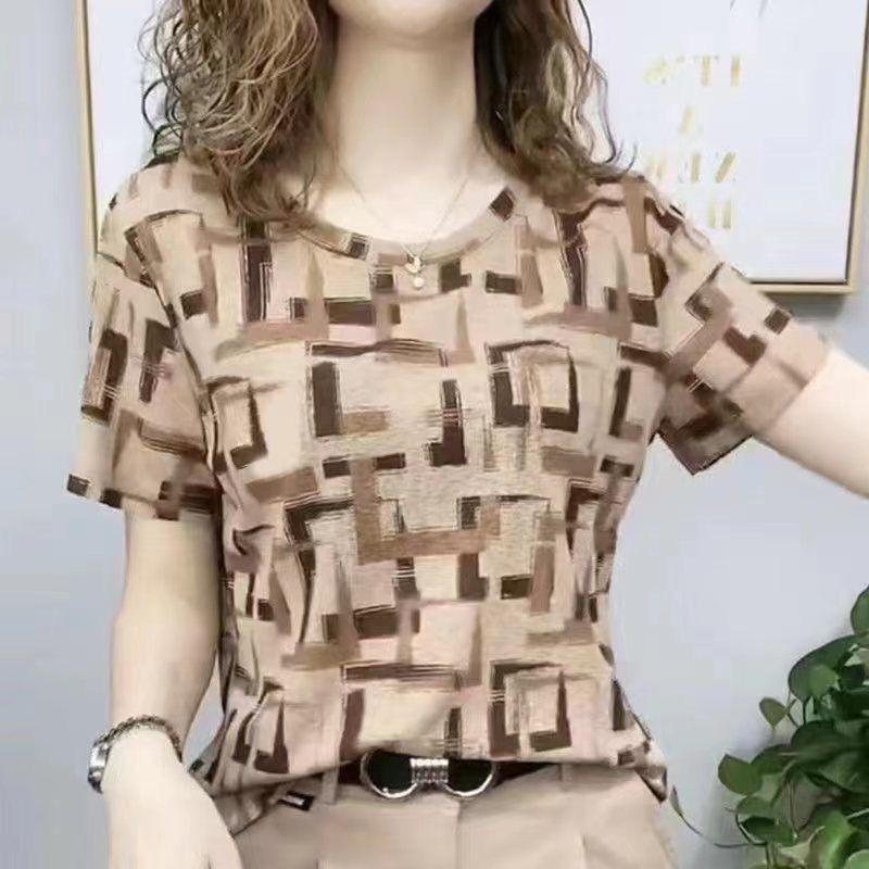 

Футболка з круглим вирізом і короткими рукавами з принтом. Жіночий літній модний одяг для матерів, стрейч-топ, що прикриває м’ясо XL кавовий