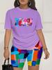Color code European and American women's clothing painting printing T-shirt shorts set sports suit