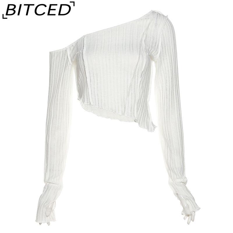 

BITCED Autumn Women s Solid-Colour Slim-Fit Cropped Top Fashion Asymmetrical Off-Shoulder Long-Sleeved T-Shirt L белый