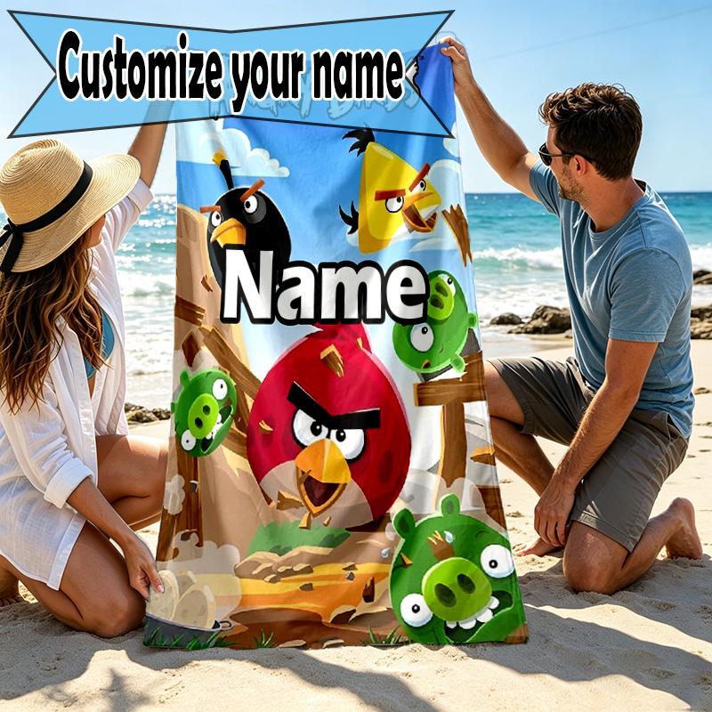 Custom Name Personalized Angry Birds Print Beach Towel, for Trip Camping Beach Party Home Decor, Birthday Gift for Family & Friends