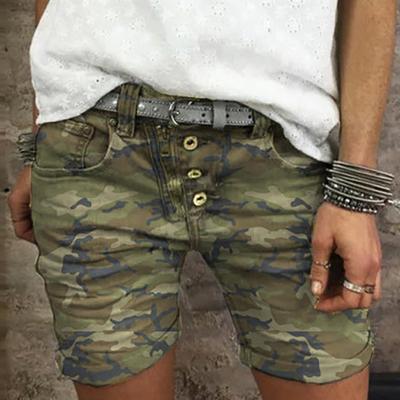 High Waist Camouflage Print Women Shorts All-matched Stretchy Buttons Denim Shorts Streetwear